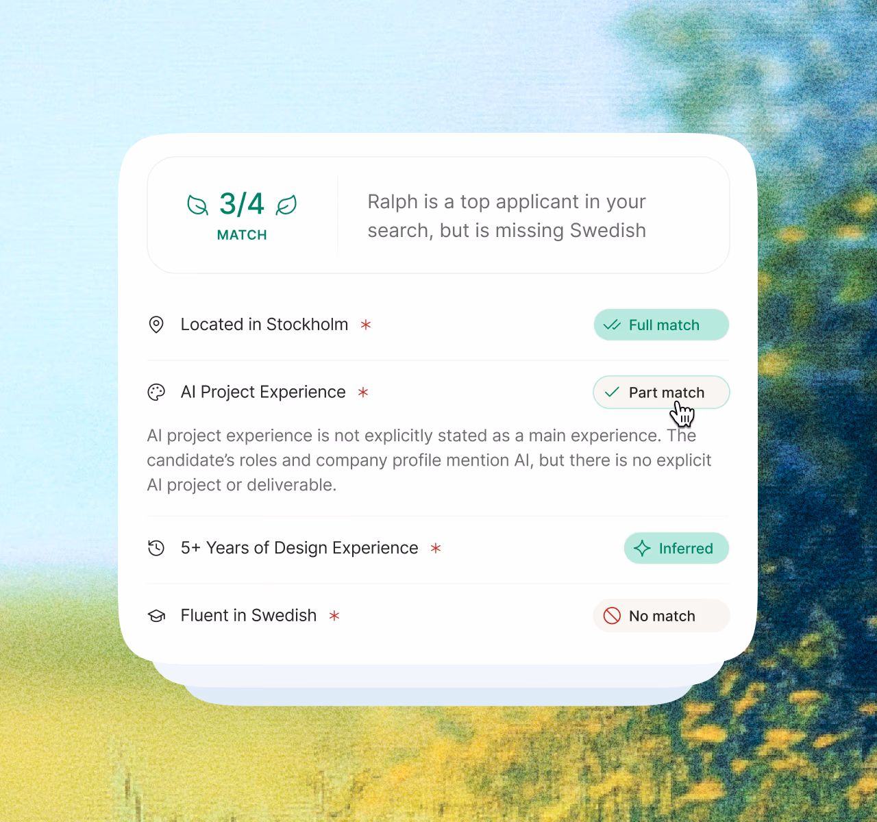 An expanded match card: criteria met with evidence, and one requirement honestly marked as missing
